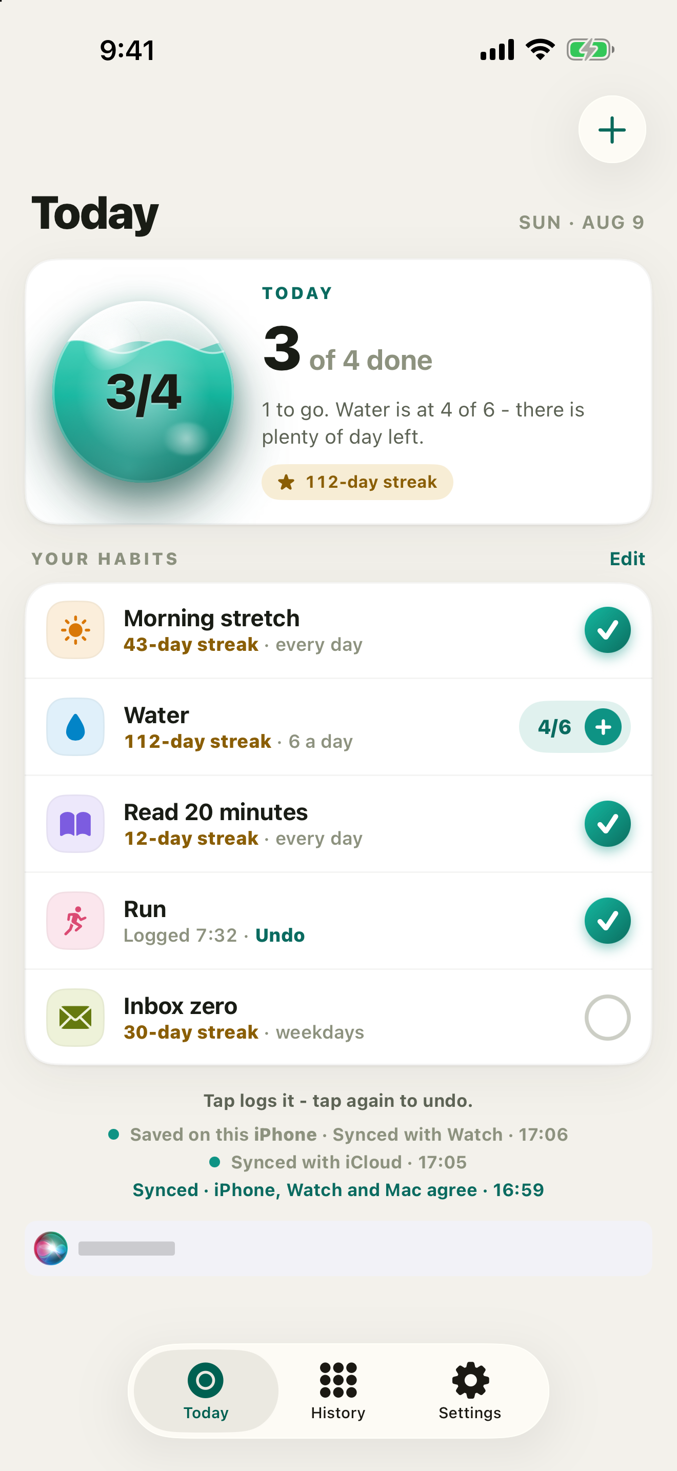 Cleat on iPhone - the Today habit screen