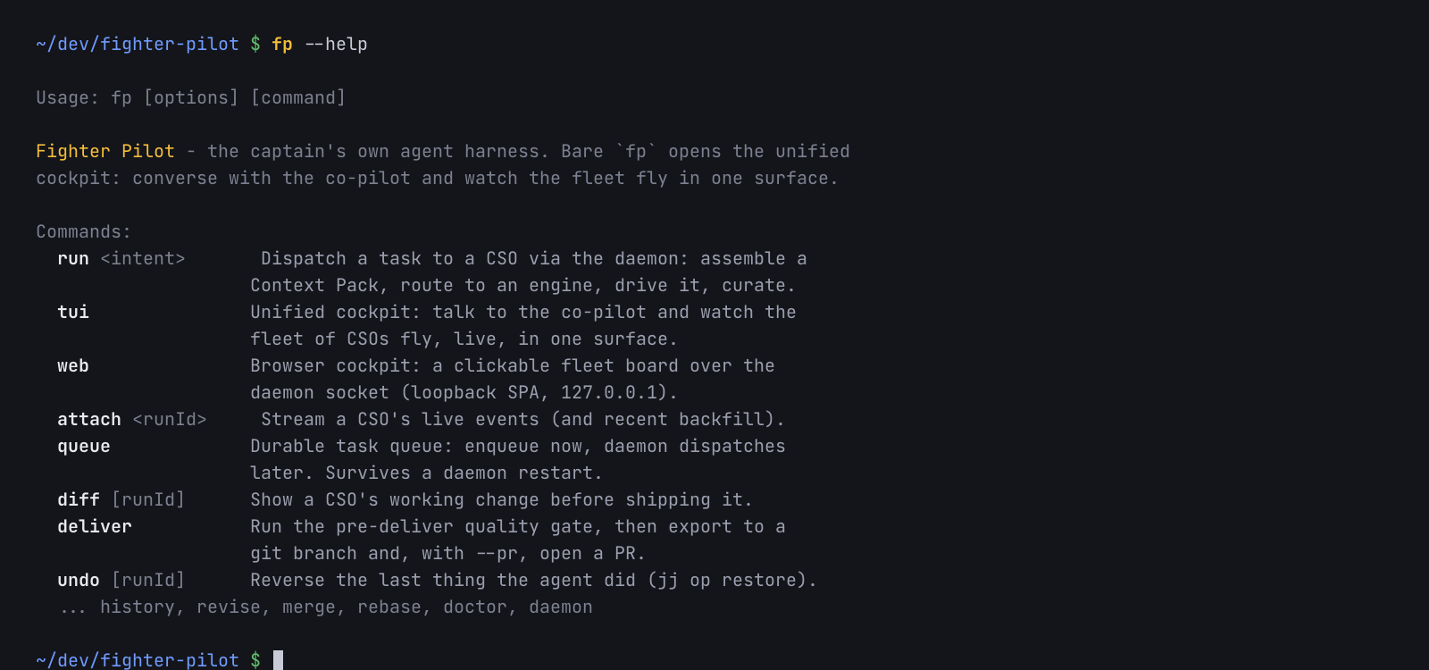 Fighter Pilot terminal - the fp command-line harness