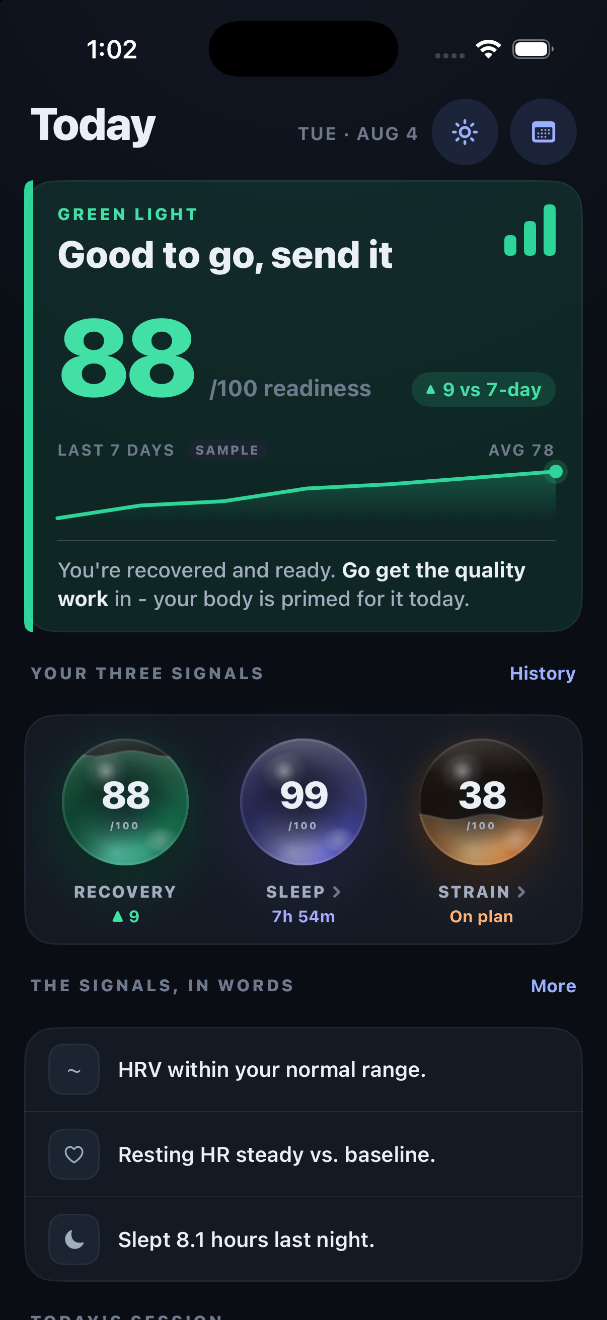 Tack on iPhone - the daily readiness coaching screen